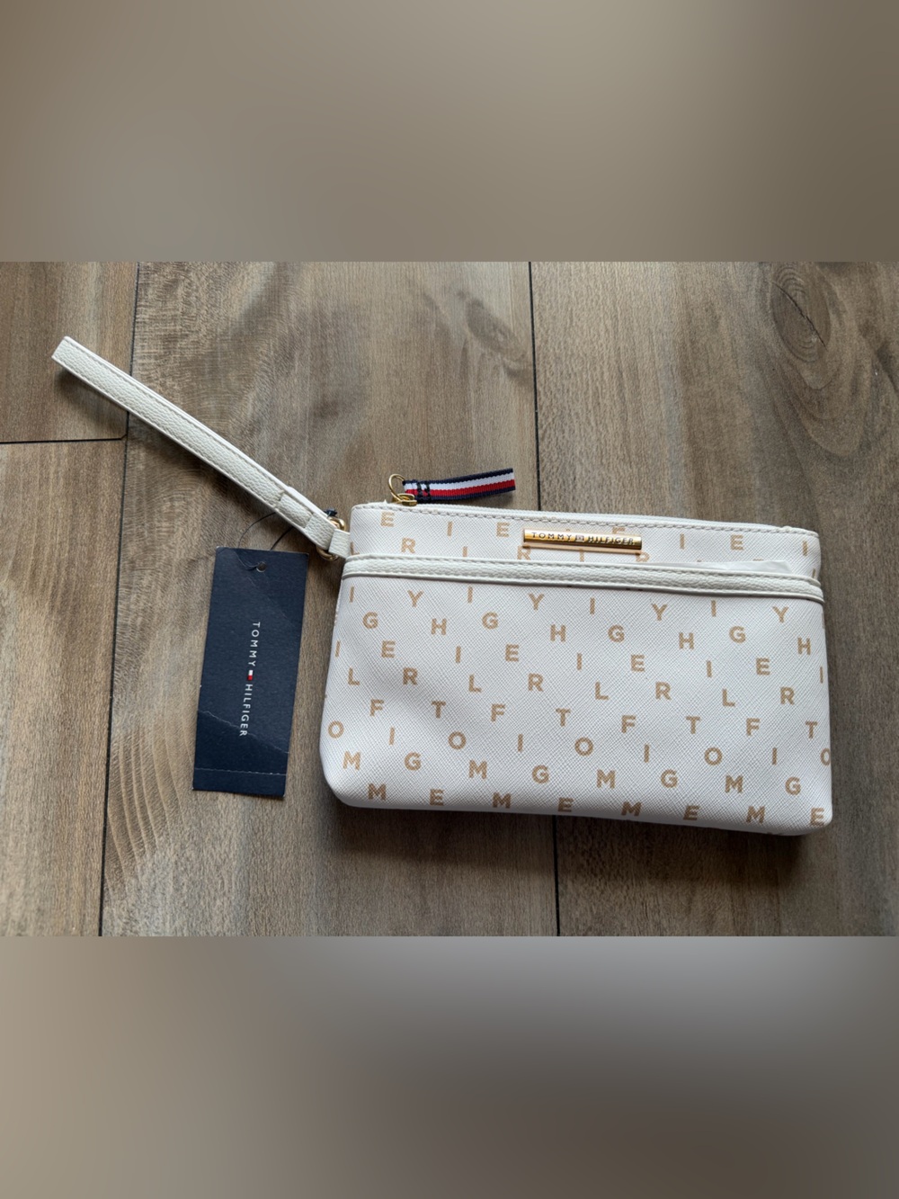 Tommy Hilfiger Cream Logo Print Wristlet with Tricolor Accent